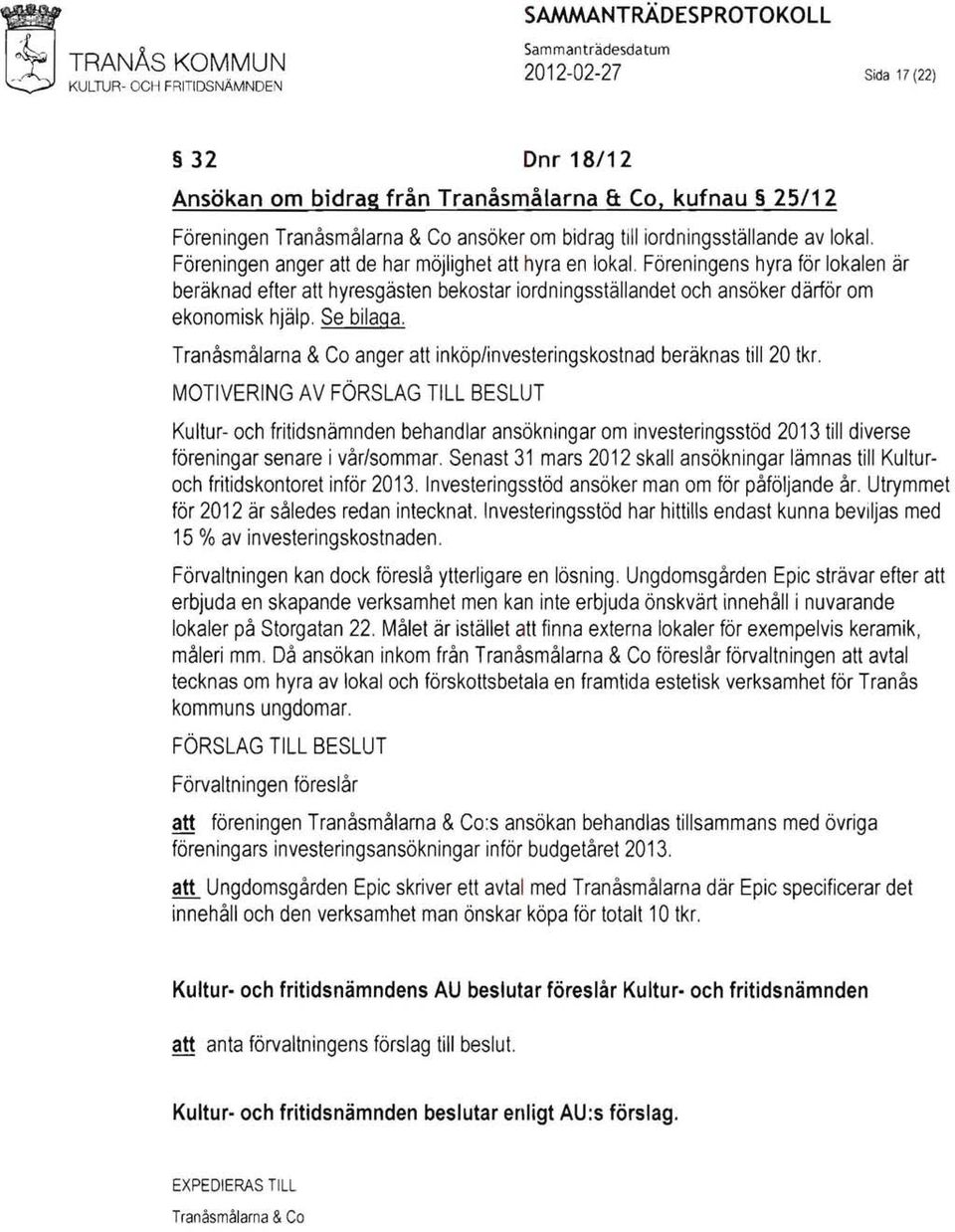 Tranåsmålarna &Co anger att inköp/investeringskostnad beräknas till 20 tkr.