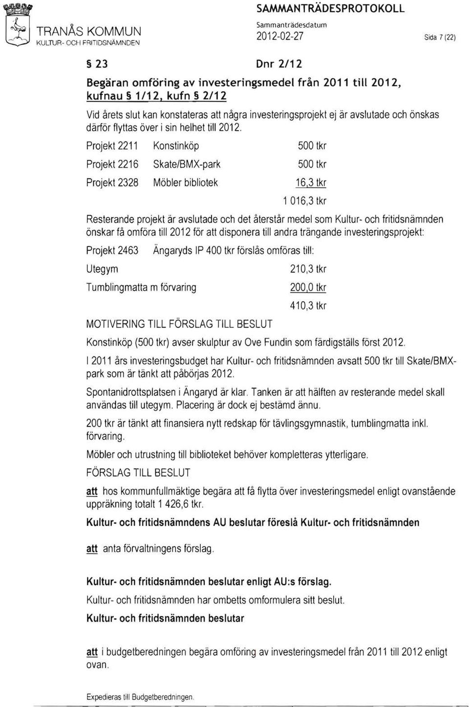 Projekt 2211 Konstinköp 500 tkr Projekt 2216 Skate/BMX-park 500 tkr Projekt 2328 Möbler bibliotek 16,3 tkr 1 016,3 tkr Resterande projekt är avslutade och det återstår medel som Kultur- och