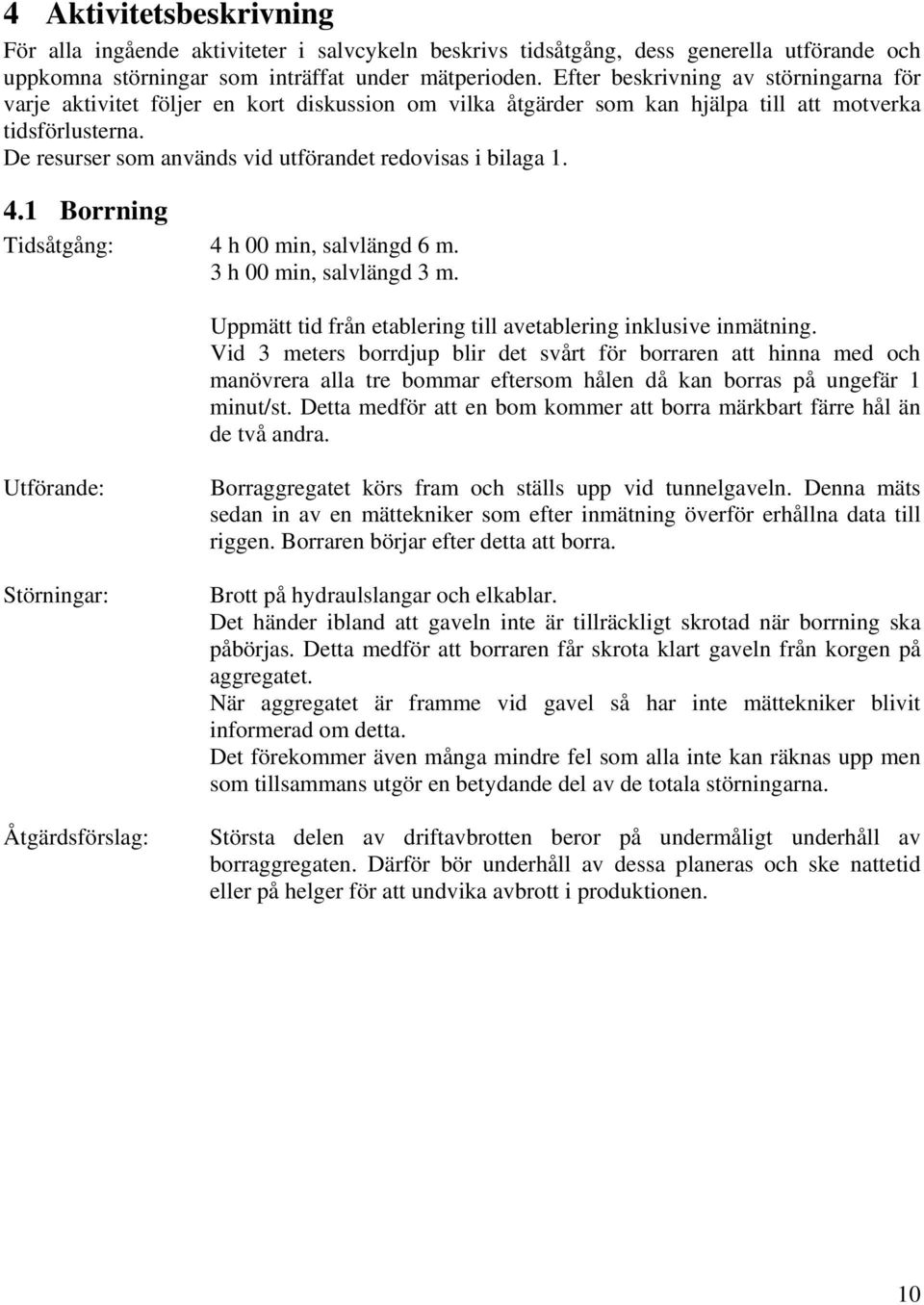 De resurser som används vid utförandet redovisas i bilaga 1. 4.1 Borrning Tidsåtgång: 4 h 00 min, salvlängd 6 m. 3 h 00 min, salvlängd 3 m.