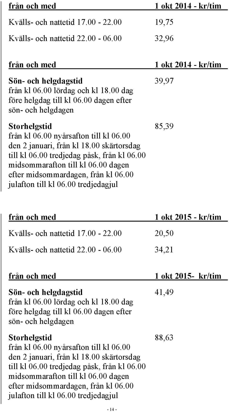 00 tredjedag påsk, från kl 06.00 midsommarafton till kl 06.00 dagen efter midsommardagen, från kl 06.00 julafton till kl 06.00 tredjedagjul från och med 1 okt 2015 - kr/tim Kvälls- och nattetid 17.