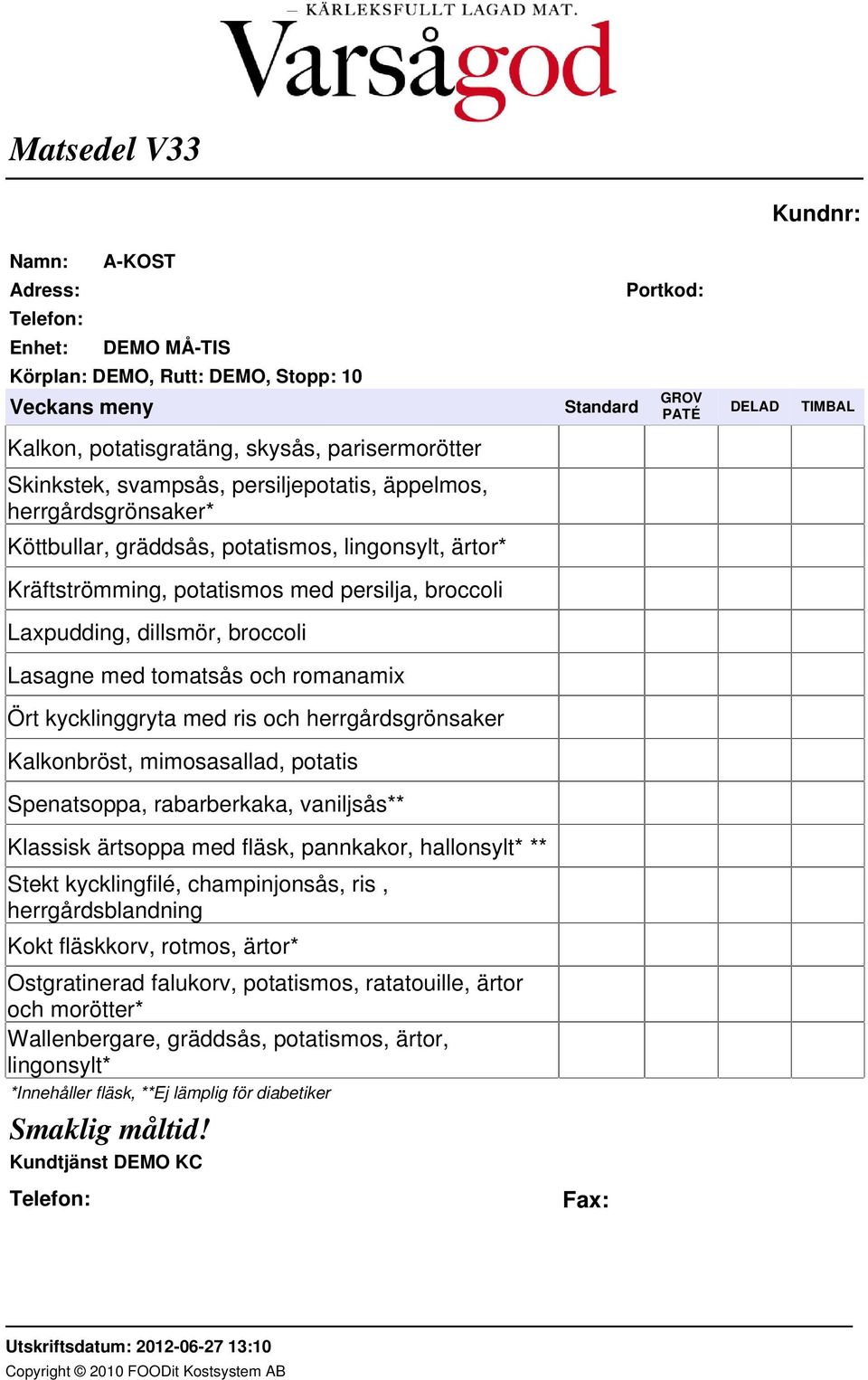 Ört kycklinggryta med ris och herrgårdsgrönsaker Kalkonbröst, mimosasallad, potatis Spenatsoppa, rabarberkaka, vaniljsås** Klassisk ärtsoppa med fläsk, pannkakor, hallonsylt* ** Stekt