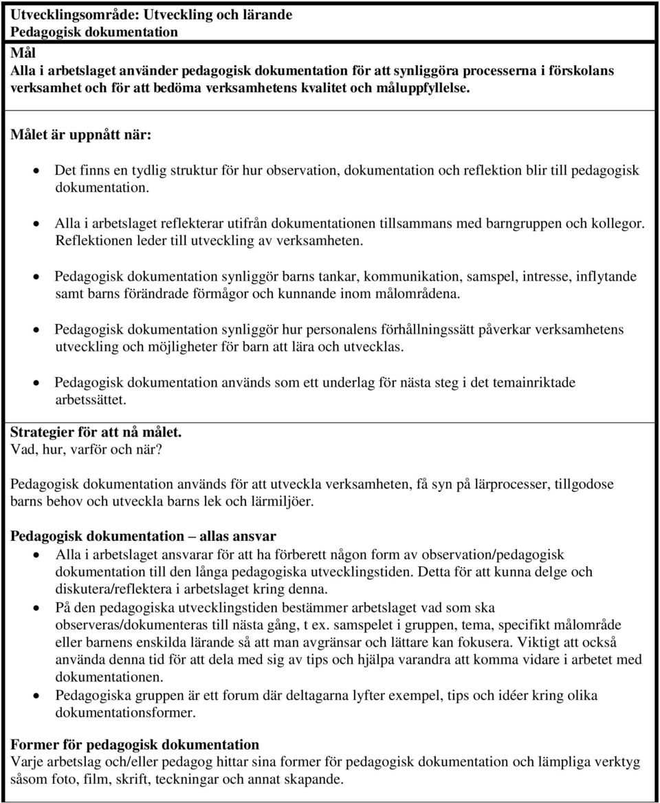 Alla i arbetslaget reflekterar utifrån dokumentationen tillsammans med barngruppen och kollegor. Reflektionen leder till utveckling av verksamheten.