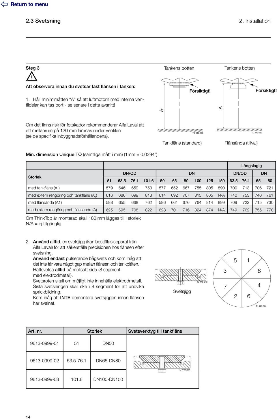 Försiktigt! Om det finns risk för fotskador rekommenderar Alfa Laval att ett mellanrum på 120 mm lämnas under ventilen (se de specifika inbyggnadsförhållandena). Min.