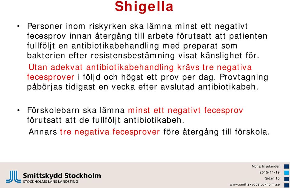 Utan adekvat antibiotikabehandling krävs tre negativa fecesprover i följd och högst ett prov per dag.