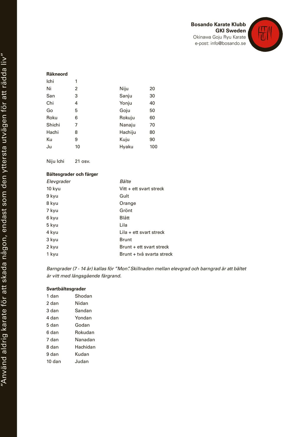 kyu Brunt 2 kyu Brunt + ett svart streck 1 kyu Brunt + två svarta streck Barngrader (7-14 år) kallas för Mon.