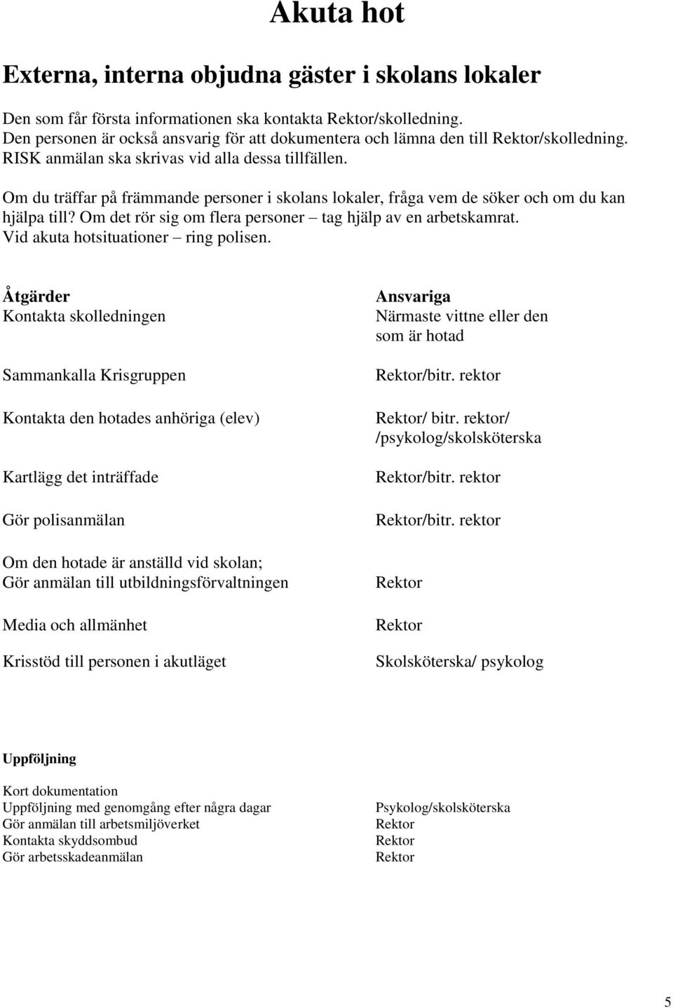 Om du träffar på främmande personer i skolans lokaler, fråga vem de söker och om du kan hjälpa till? Om det rör sig om flera personer tag hjälp av en arbetskamrat.