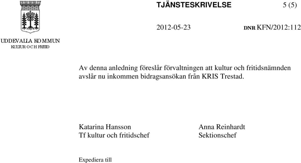fritidsnämnden avslår nu inkommen bidragsansökan från KRIS Trestad.