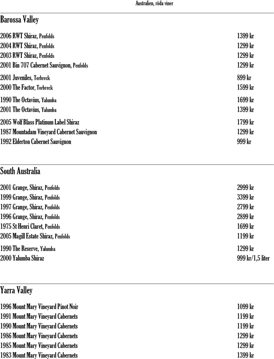 Vineyard Cabernet Sauvignon 1299 kr 1992 Elderton Cabernet Sauvignon 999 kr South Australia 2001 Grange, Shiraz, Penfolds 2999 kr 1999 Grange, Shiraz, Penfolds 3399 kr 1997 Grange, Shiraz, Penfolds