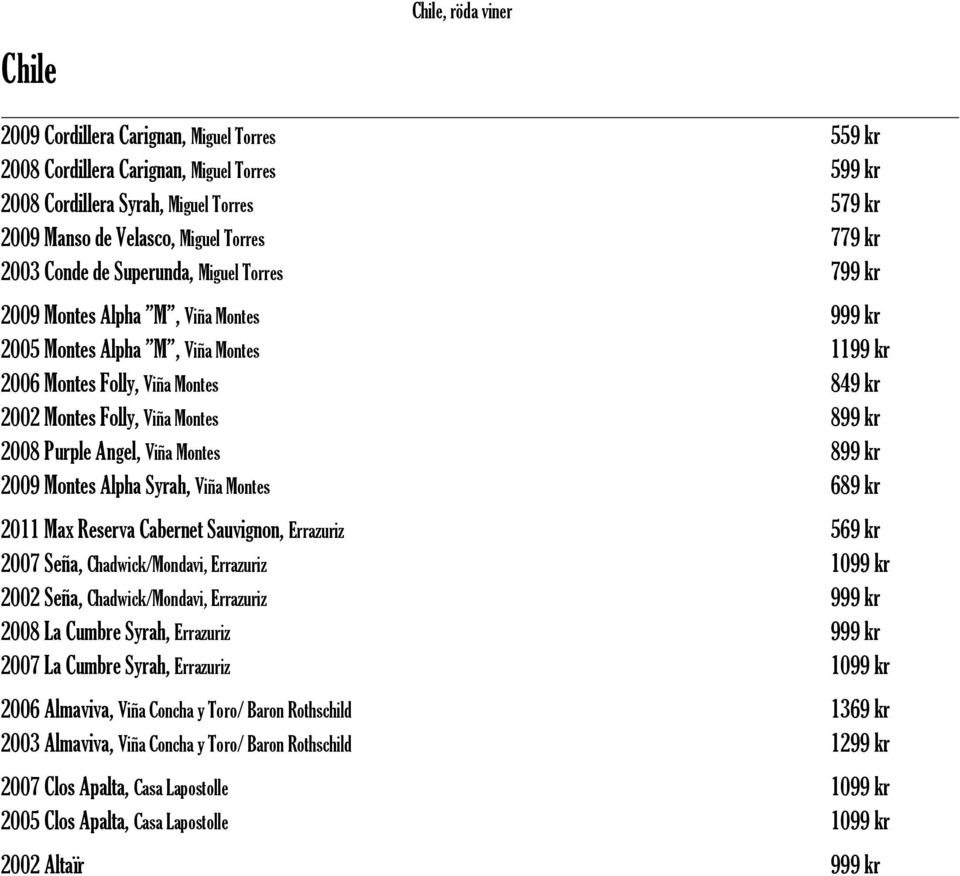 Montes 899 kr 2008 Purple Angel, Viña Montes 899 kr 2009 Montes Alpha Syrah, Viña Montes 689 kr 2011 Max Reserva Cabernet Sauvignon, Errazuriz 569 kr 2007 Seña, Chadwick/Mondavi, Errazuriz 1099 kr