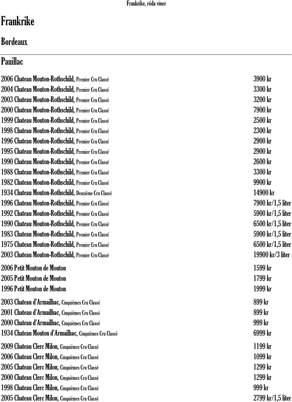 2300 kr 1996 Chateau Mouton-Rothschild, Premier Cru Classé 2900 kr 1995 Chateau Mouton-Rothschild, Premier Cru Classé 2900 kr 1990 Chateau Mouton-Rothschild, Premier Cru Classé 2600 kr 1988 Chateau