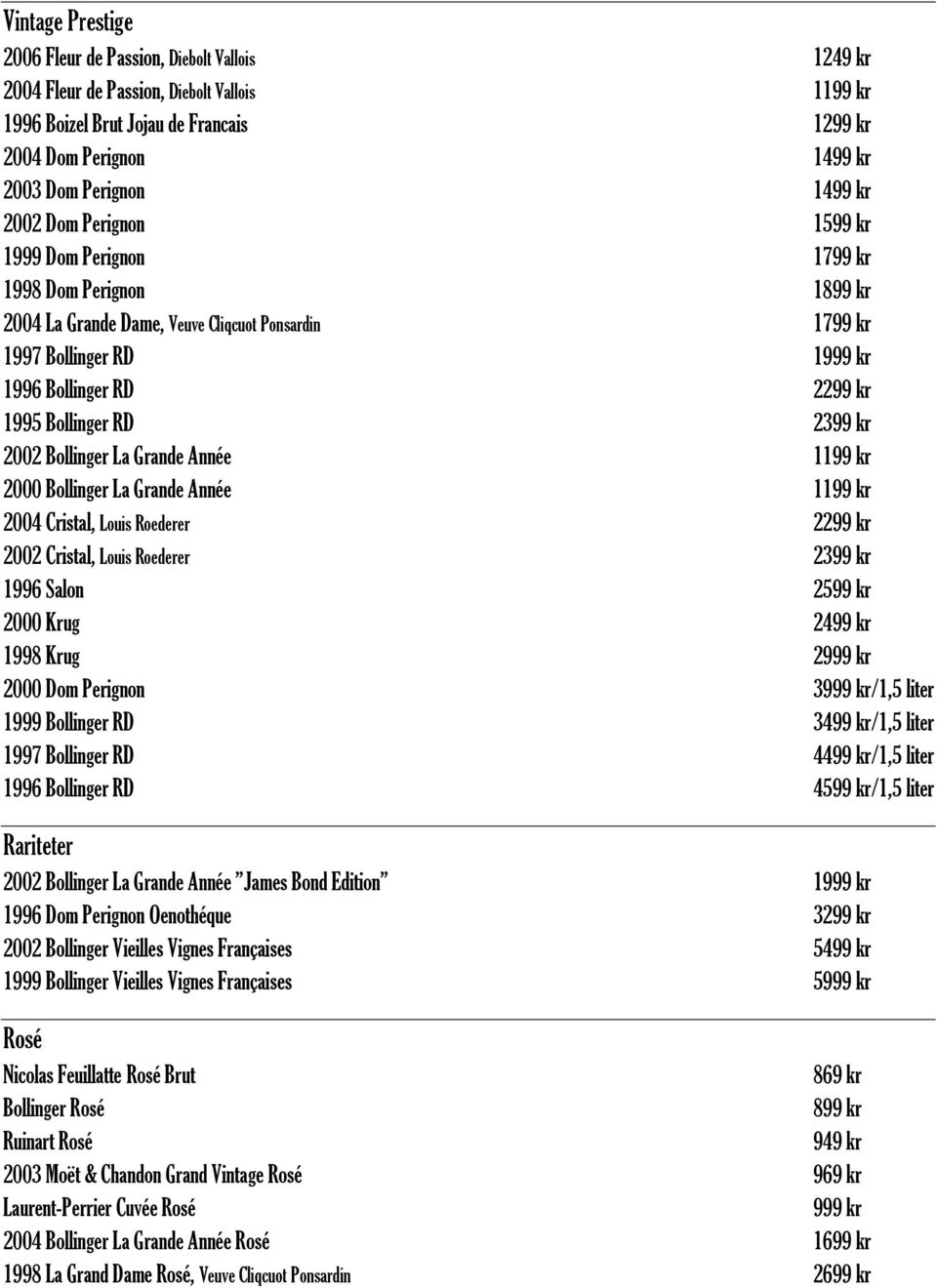 Bollinger RD 2399 kr 2002 Bollinger La Grande Année 1199 kr 2000 Bollinger La Grande Année 1199 kr 2004 Cristal, Louis Roederer 2299 kr 2002 Cristal, Louis Roederer 2399 kr 1996 Salon 2599 kr 2000