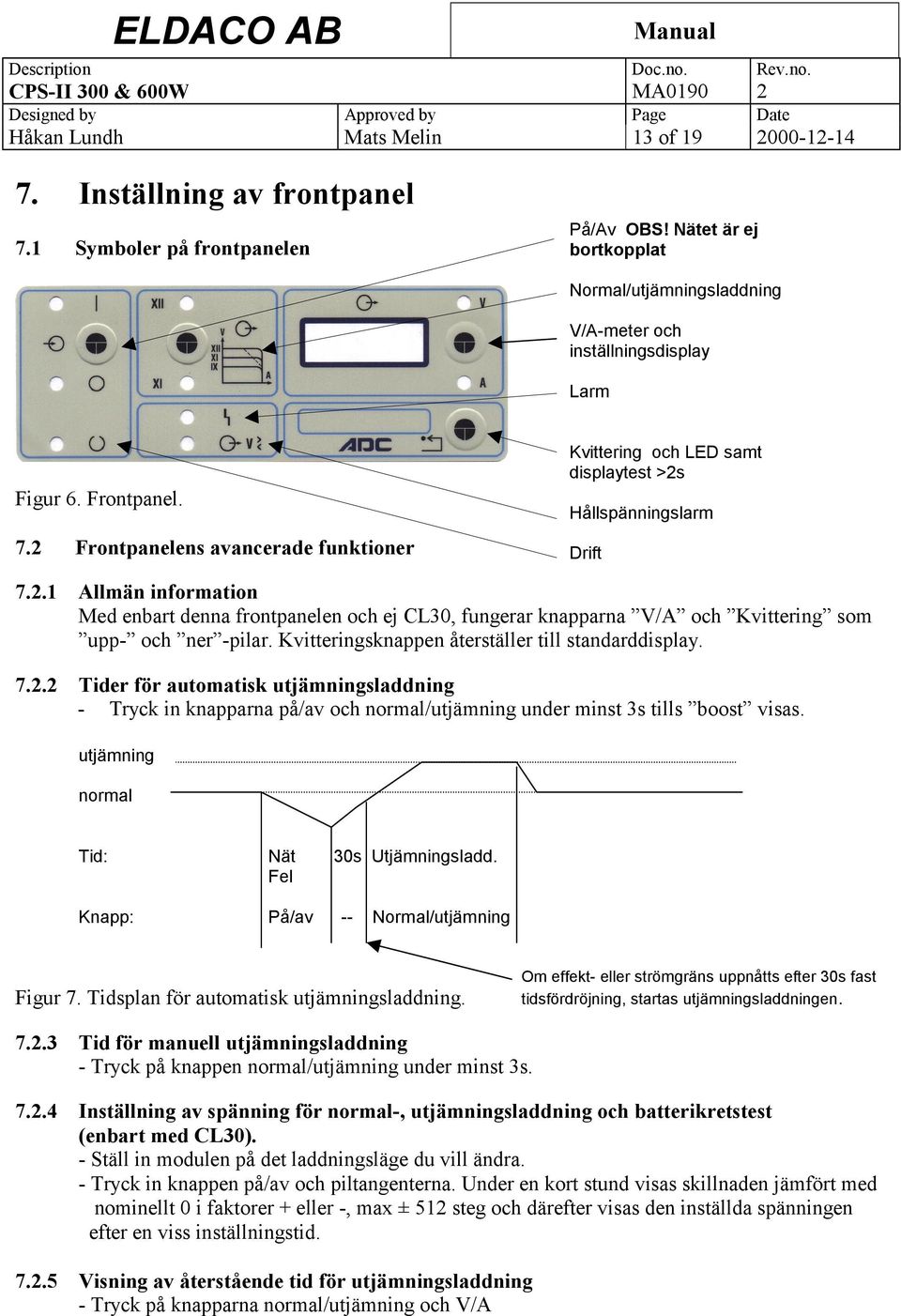 2 Frontpanelens avancerade funktioner Kvittering och LED samt displaytest >2s Hållspänningslarm Drift 7.2.1 Allmän information Med enbart denna frontpanelen och ej CL30, fungerar knapparna V/A och Kvittering som upp- och ner -pilar.