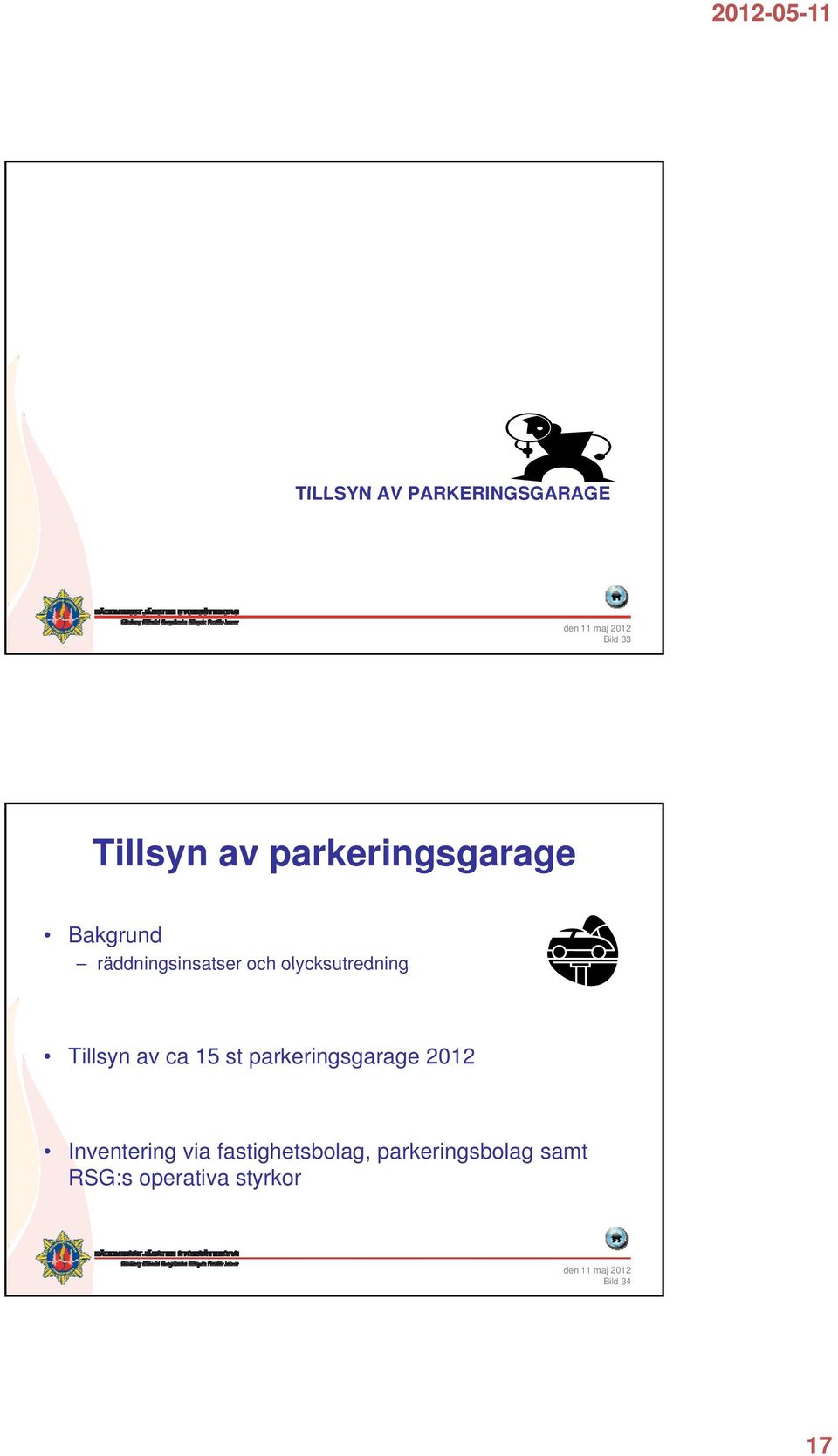 olycksutredning Tillsyn av ca 15 st parkeringsgarage 2012