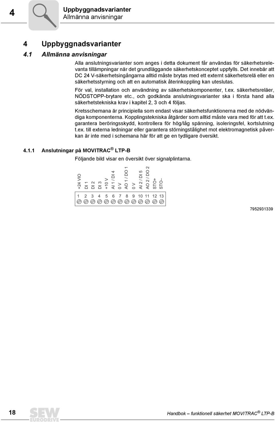 Det innebär att DC 24 V-säkerhetsingångarna alltid måste brytas med ett externt säkerhetsrelä eller en säkerhetsstyrning och att en automatisk återinkoppling kan uteslutas.