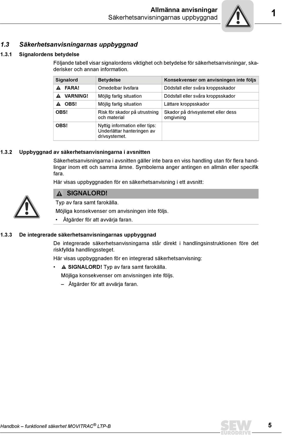 Signalord Betydelse Konsekvenser om anvisningen inte följs FARA! Omedelbar livsfara Dödsfall eller svåra kroppsskador VARNING! Möjlig farlig situation Dödsfall eller svåra kroppsskador OBS!