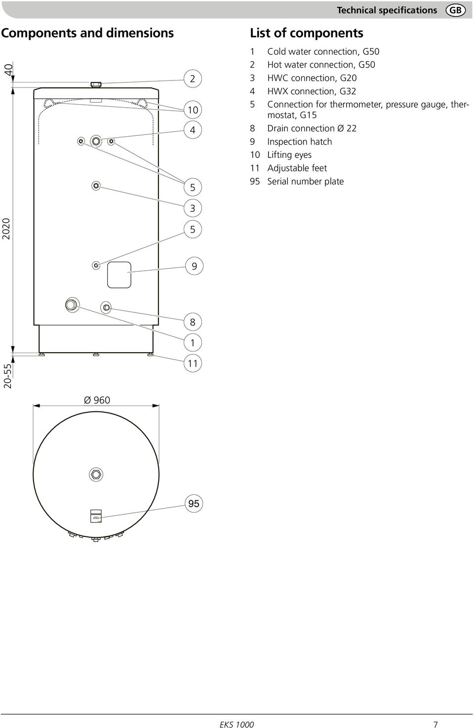 G20 4 HWX connection, G32 5 Connection for thermometer, pressure gauge, thermostat, G15 8 Drain