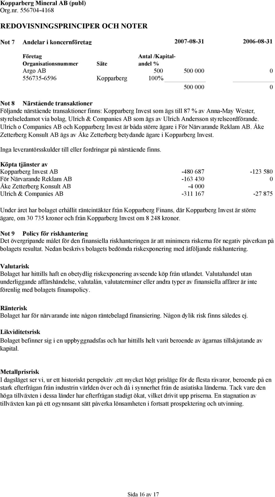 Andersson styrelseordförande. Ulrich o Companies AB och Kopparberg Invest är båda större ägare i För Närvarande Reklam AB.