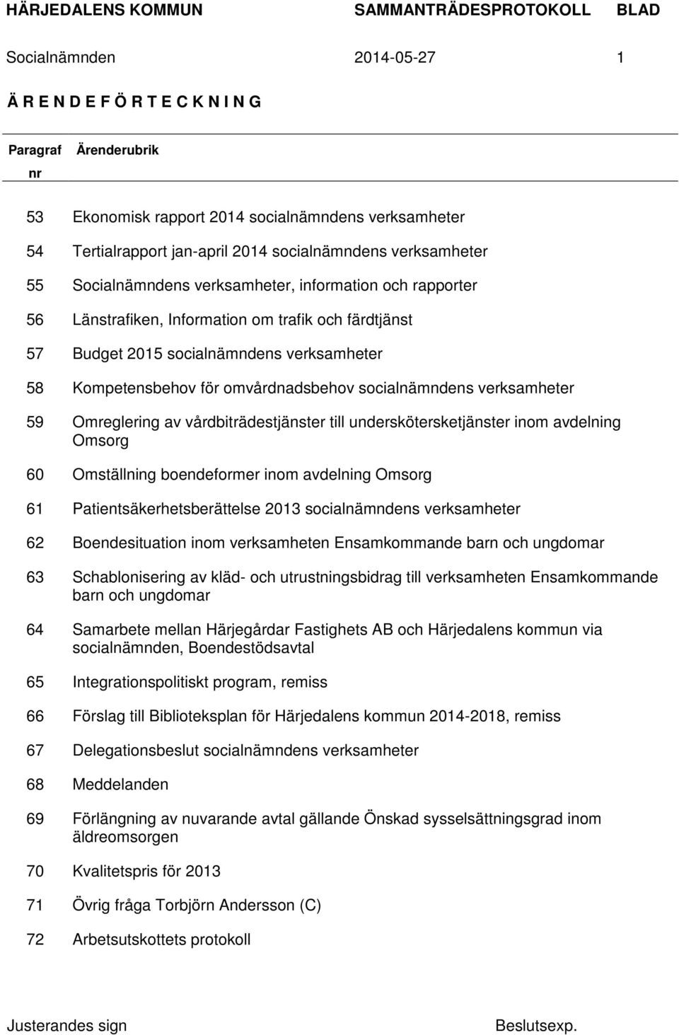 omvårdnadsbehov socialnämndens verksamheter 59 Omreglering av vårdbiträdestjänster till underskötersketjänster inom avdelning Omsorg 60 Omställning boendeformer inom avdelning Omsorg 61