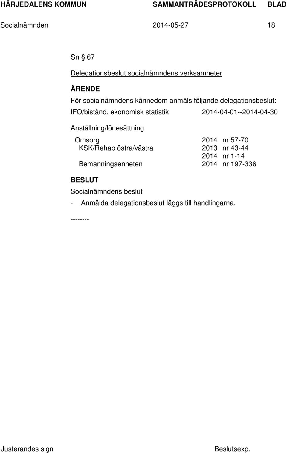 2014-04-01--2014-04-30 Anställning/lönesättning Omsorg 2014 nr 57-70 KSK/Rehab östra/västra