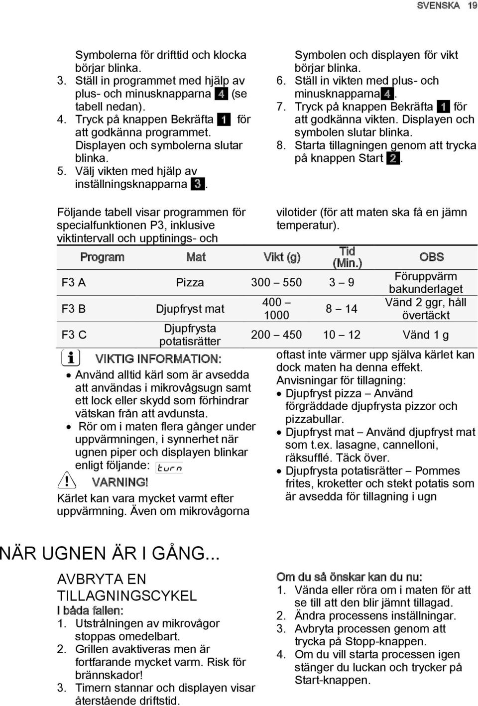 Tryck på knappen Bekräfta 1 för att godkänna vikten. Displayen och symbolen slutar blinka. 8. Starta tillagningen genom att trycka på knappen Start 2.