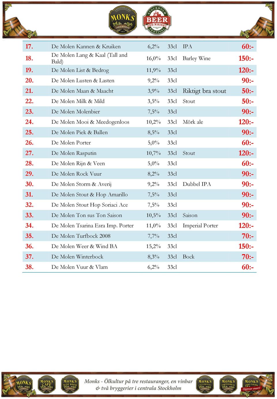 De Molen Mooi & Meedogenloos 10,2% 33cl Mörk ale 120:- 25. De Molen Piek & Ballen 8,5% 33cl 90:- 26. De Molen Porter 5,0% 33cl 60:- 27. De Molen Rasputin 10,7% 33cl Stout 120:- 28.