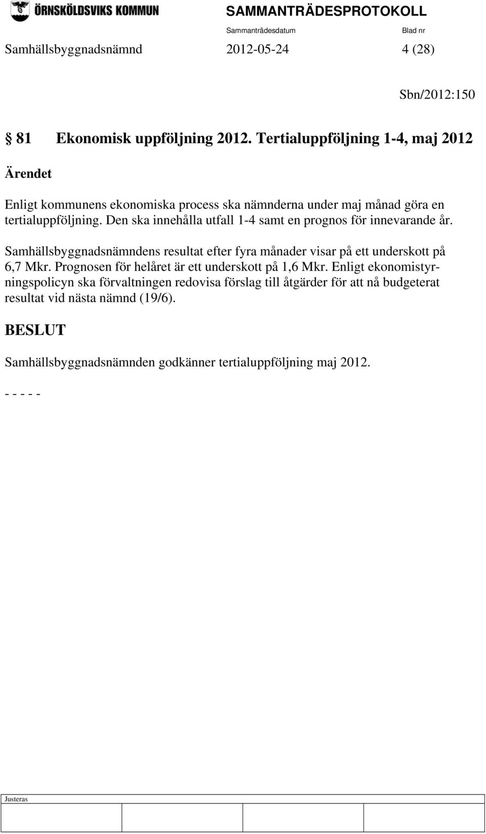 Den ska innehålla utfall 1-4 samt en prognos för innevarande år. Samhällsbyggnadsnämndens resultat efter fyra månader visar på ett underskott på 6,7 Mkr.