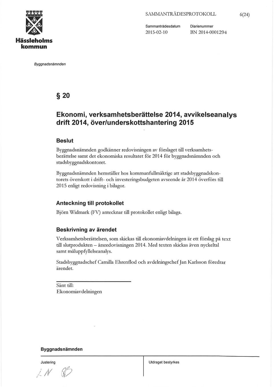 hemställer hos fullmäktige att stadsbyggnadskontorets överskott i d1-ift- och investeringsbudgeten avseende år 2014 överförs till 2015 enligt redovisning i bilagor.