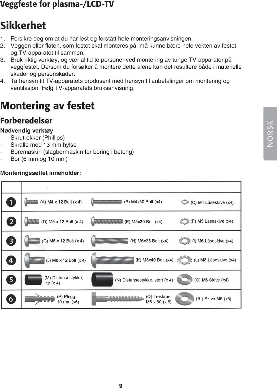 Bruk riktig verktøy, og vær alltid to personer ved montering av tunge TV-apparater på veggfestet. Dersom du forsøker å montere dette alene kan det resultere både i materielle skader og personskader.