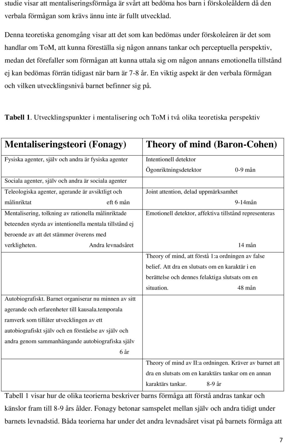 som förmågan att kunna uttala sig om någon annans emotionella tillstånd ej kan bedömas förrän tidigast när barn är 7-8 år.