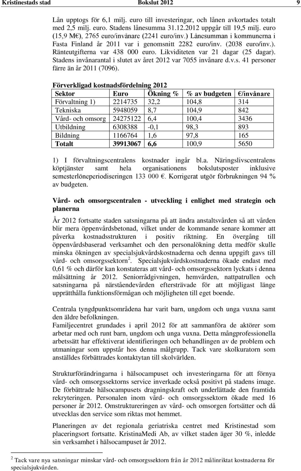 Likviditeten var 21 dagar (25 dagar). Stadens invånarantal i slutet av året 2012 var 7055 invånare d.v.s. 41 personer färre än år 2011 (7096).