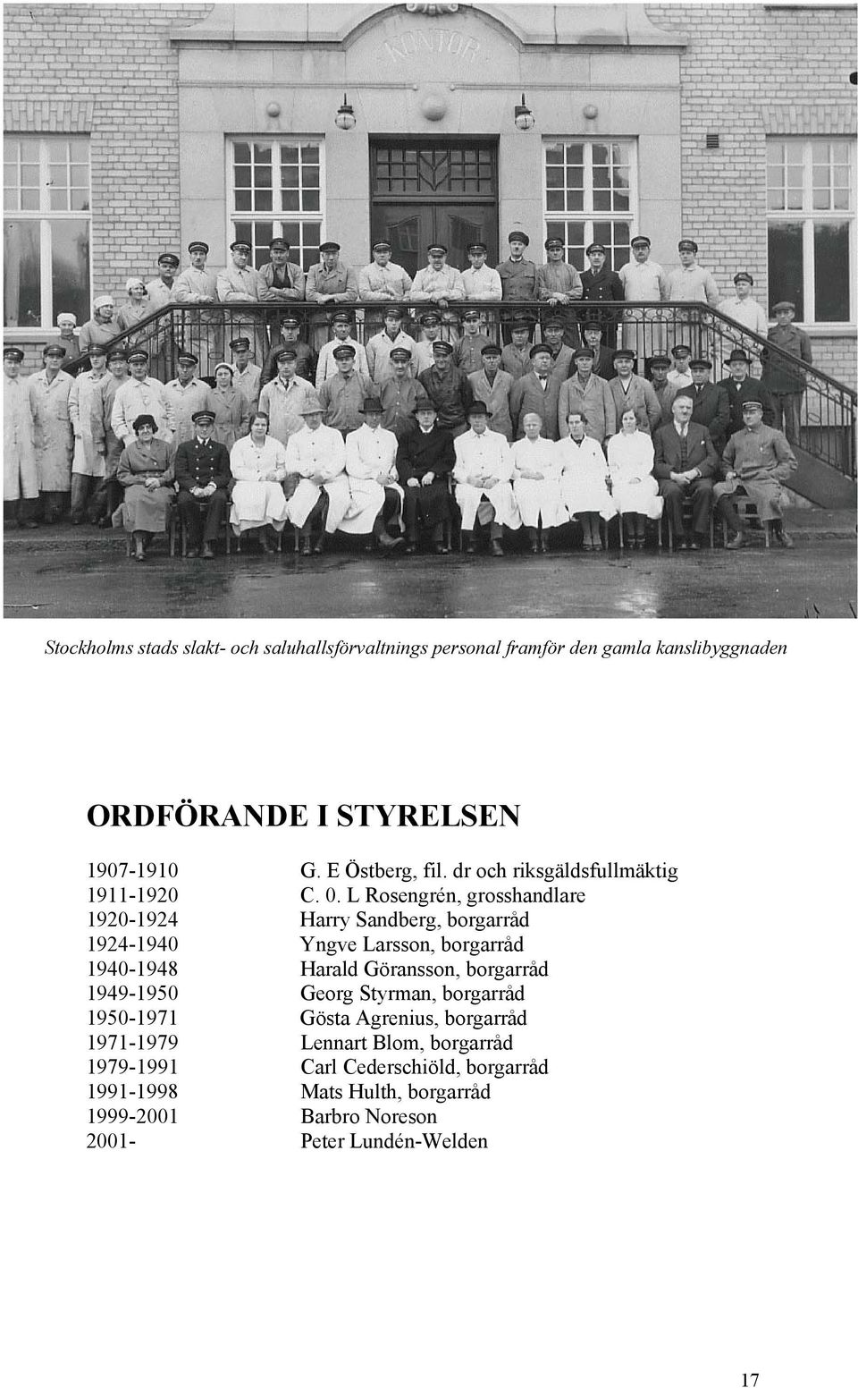 L Rosengrén, grosshandlare 1920-1924 Harry Sandberg, borgarråd 1924-1940 Yngve Larsson, borgarråd 1940-1948 Harald Göransson, borgarråd