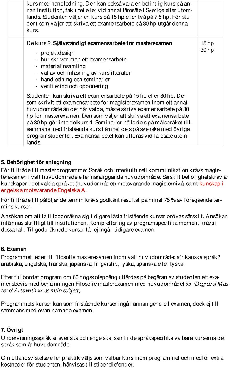 Självständigt examensarbete för masterexamen - projektdesign - hur skriver man ett examensarbete - materialinsamling - val av och inläsning av kurslitteratur - handledning och seminarier -