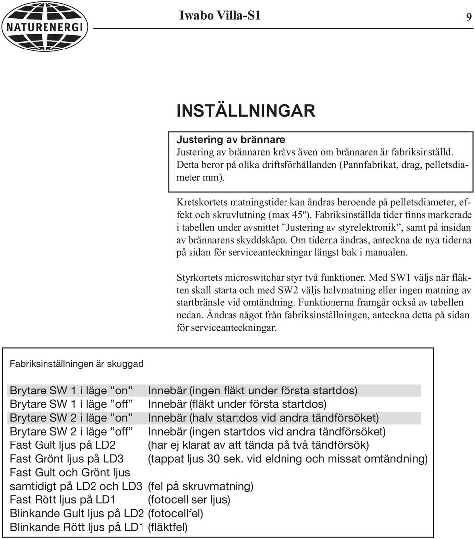 Fabriksinställda tider finns markerade i tabellen under avsnittet Justering av styrelektronik, samt på insidan av brännarens skyddskåpa.