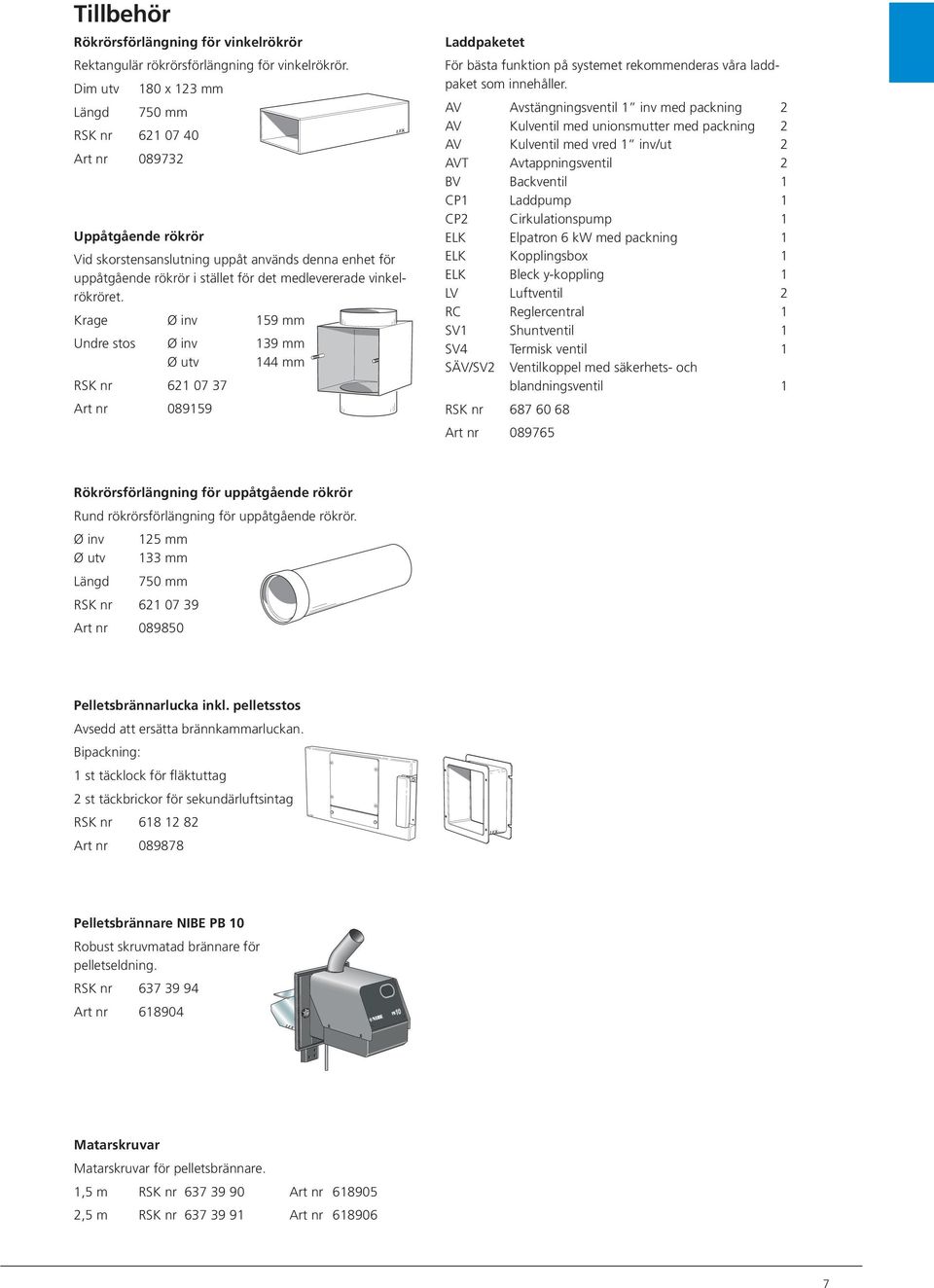 vinkelrökröret. Krage Ø inv 159 mm Undre stos Ø inv 139 mm Ø utv 144 mm RSK nr 621 07 37 Art nr 089159 LEK Laddpaketet För bästa funktion på systemet rekommenderas våra laddpaket som innehåller.