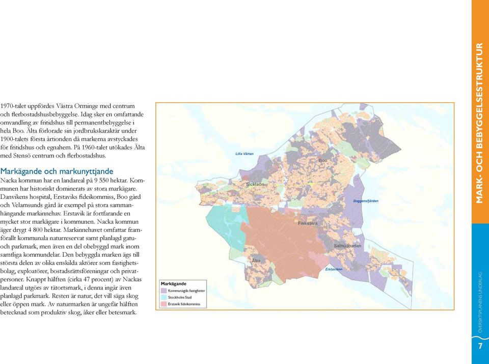 Markägande och markunyttjande Nacka kommun har en landareal på 9 550 hektar. Kommunen har historiskt dominerats av stora mark ägare.