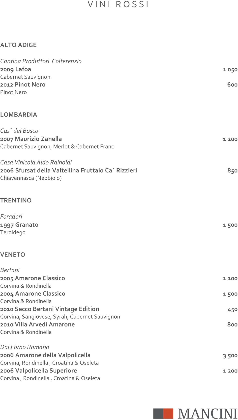 VENETO% % Bertani 2005%Amarone%Classico% 1%100% Corvina&Rondinella 2004%Amarone%Classico% 1%500% Corvina&Rondinella 2010%Secco%Bertani%Vintage%Edition% 450%