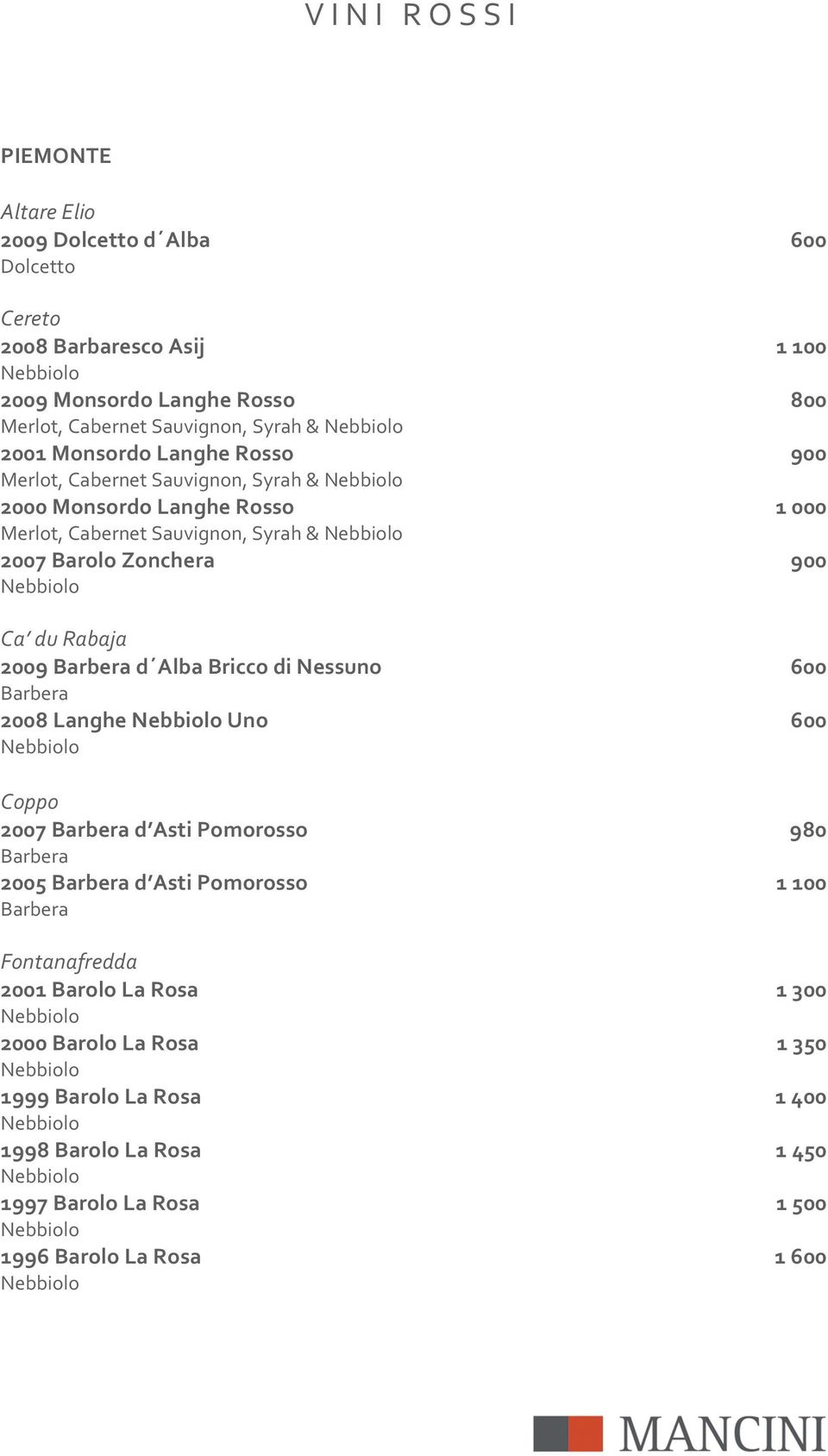 2009%Barbera%d Alba%Bricco%di%Nessuno% 600% Barbera 2008%Langhe%Nebbiolo%Uno% 600% Nebbiolo Coppo 2007%Barbera%d Asti%Pomorosso% 980% Barbera 2005%Barbera%d Asti%Pomorosso% 1%100% Barbera