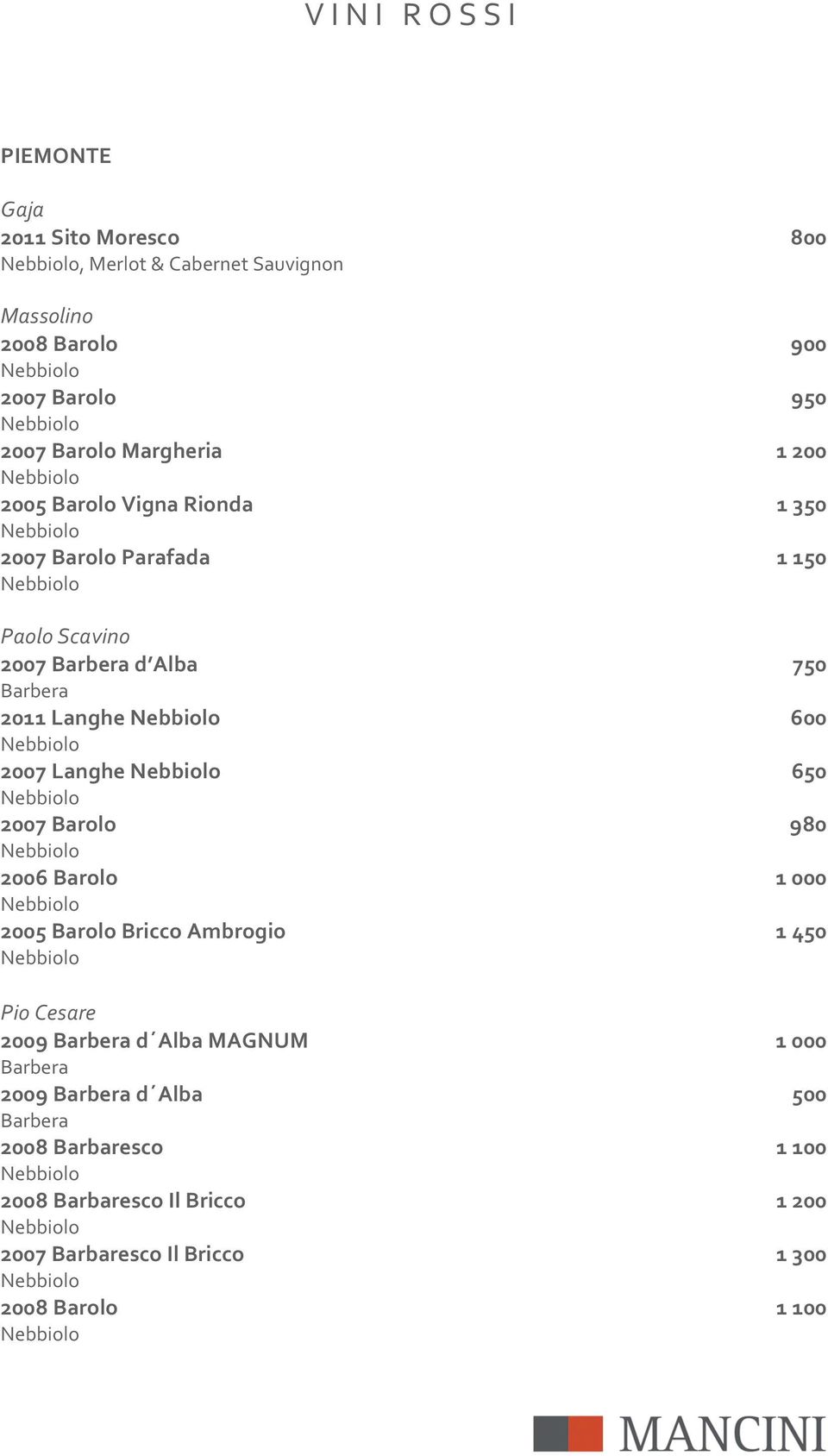 2007%Langhe%Nebbiolo% 650% Nebbiolo 2007%Barolo% 980% Nebbiolo 2006%Barolo% 1%000% Nebbiolo 2005%Barolo%Bricco%Ambrogio% 1%450% Nebbiolo PioCesare 2009%Barbera%d Alba%MAGNUM%