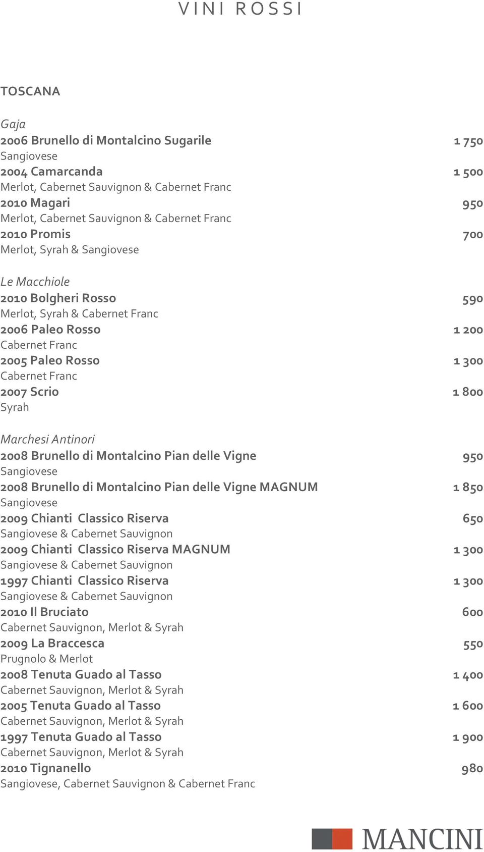 %1%800% Syrah % MarchesiAntinori 2008%Brunello%di%Montalcino%Pian%delle%Vigne% %950% Sangiovese 2008%Brunello%di%Montalcino%Pian%delle%Vigne%MAGNUM% %1%850% Sangiovese 2009%Chianti%%Classico%Riserva%