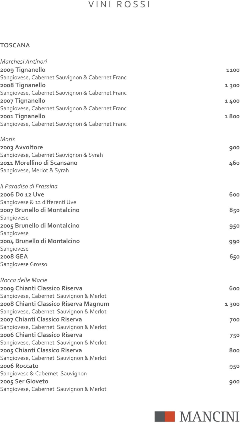 2011%Morellino%di%Scansano% 460% Sangiovese,Merlot&Syrah IlParadisodiFrassina 2006%Do%12%Uve% 600% Sangiovese&12differentiUve 2007%Brunello%di%Montalcino% 850% Sangiovese 2005%Brunello%di%Montalcino%