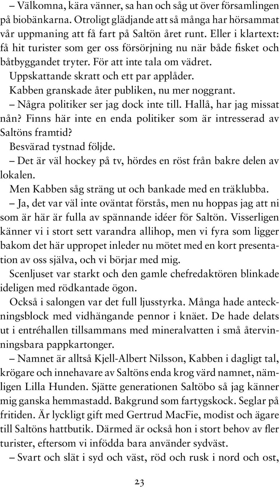 Kabben granskade åter publiken, nu mer noggrant. Några politiker ser jag dock inte till. Hallå, har jag missat nån? Finns här inte en enda politiker som är intresserad av Saltöns framtid?