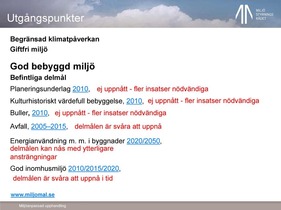uppnått - fler insatser nödvändiga Avfall, 2005 2015, delmålen är svåra att uppnå Energianvändning m.