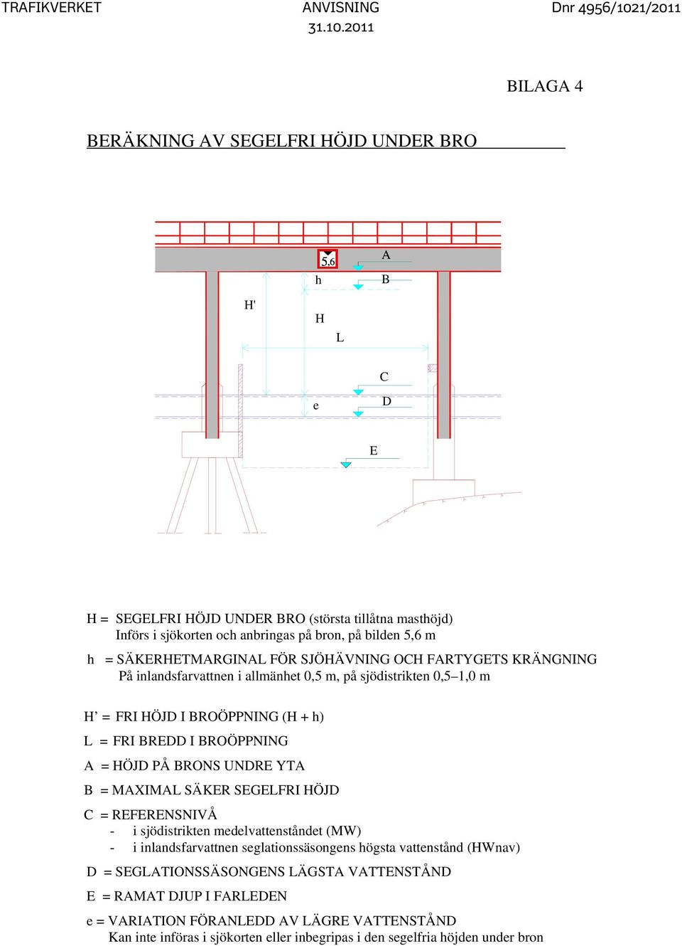 2011 BILAGA 4 BERÄKNING AV SEGELFRI HÖJD UNDER BRO 5,6 h A B H' H L C e D E H = SEGELFRI HÖJD UNDER BRO (största tillåtna masthöjd) Införs i sjökorten och anbringas på bron, på bilden 5,6 m h =