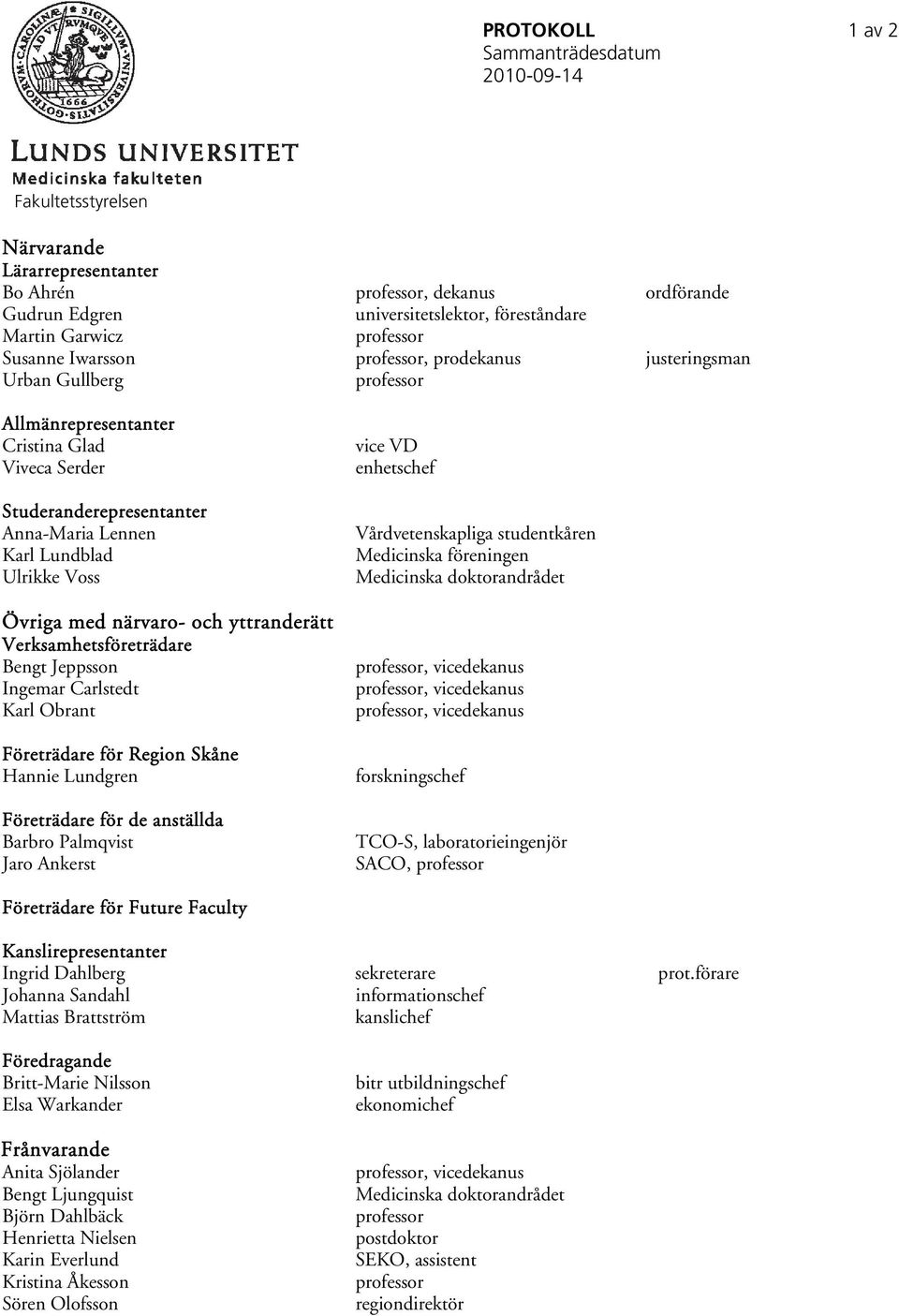 yttranderätt Verksamhetsföreträdare Bengt Jeppsson Ingemar Carlstedt Karl Obrant Företrädare för Region Skåne Hannie Lundgren Företrädare för de anställda Barbro Palmqvist Jaro Ankerst vice VD