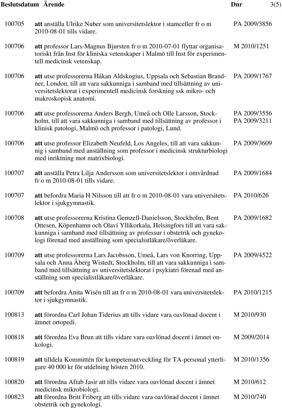 100706 att utse erna Håkan Aldskogius, Uppsala och Sebastian Brandner, London, till att vara sakkunniga i samband med tillsättning av universitetslektorat i experimentell medicinsk forskning ssk