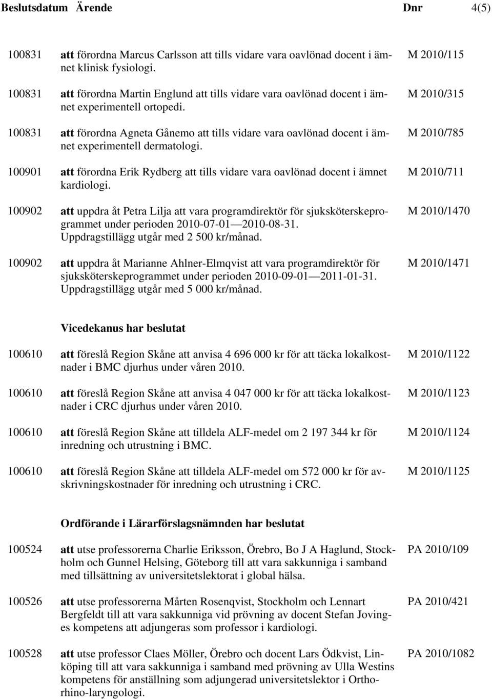 100831 att förordna Agneta Gånemo att tills vidare vara oavlönad docent i ämnet experimentell dermatologi. 100901 att förordna Erik Rydberg att tills vidare vara oavlönad docent i ämnet kardiologi.