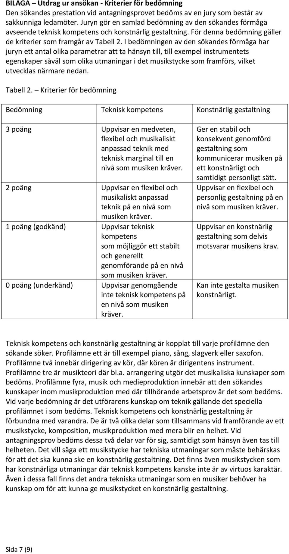 I bedömningen av den sökandes förmåga har juryn ett antal olika parametrar att ta hänsyn till, till exempel instrumentets egenskaper såväl som olika utmaningar i det musikstycke som framförs, vilket