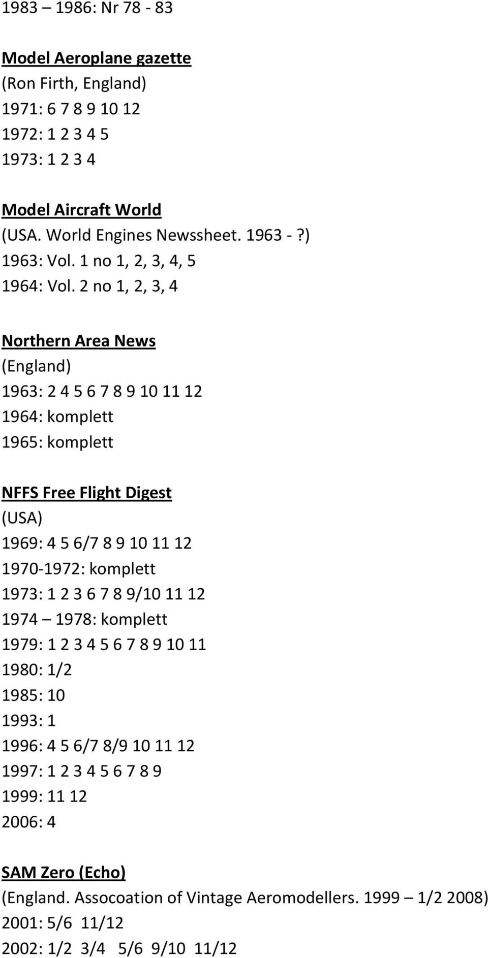 2 no 1, 2, 3, 4 Northern Area News (England) 1963: 2 4 5 6 7 8 9 10 11 12 1964: komplett 1965: komplett NFFS Free Flight Digest (USA) 1969: 4 5 6/7 8 9 10 11 12 1970-1972: