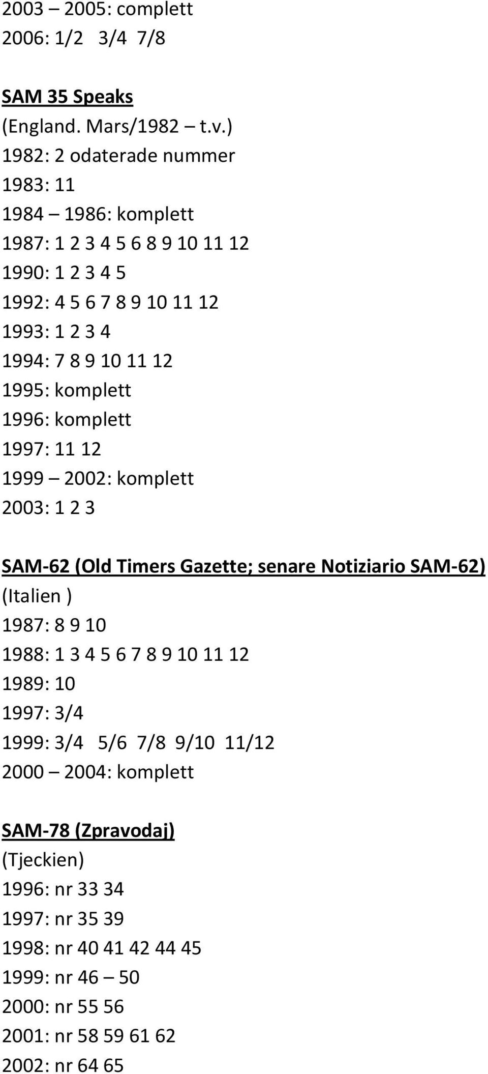 11 12 1995: komplett 1996: komplett 1997: 11 12 1999 2002: komplett 2003: 1 2 3 SAM-62 (Old Timers Gazette; senare Notiziario SAM-62) (Italien ) 1987: 8 9 10