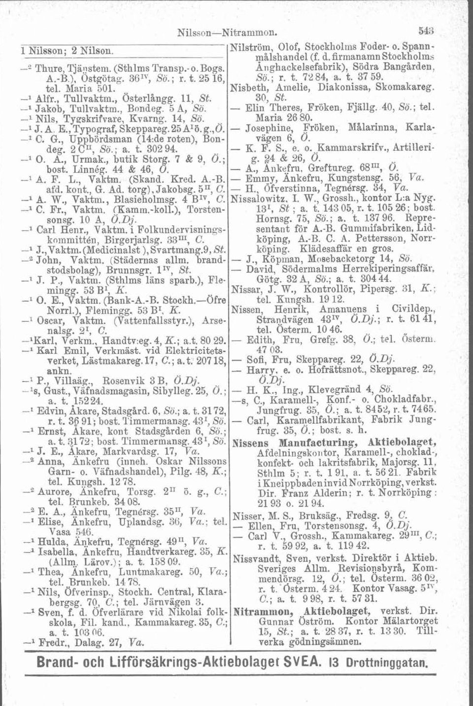 A., Urmak., butik Stor. 7 & 9, 0.; bost. Linnéq. 44 & 46, 8. -l A. F. L., Vaktm, (Skand. Kred. A.-B. afd. kont., G. Ad. torg), Jakobsg. 5", C. -l A. W., Vaktm., Blasieholmsg. 4 BIV, C. -l C. Fr.